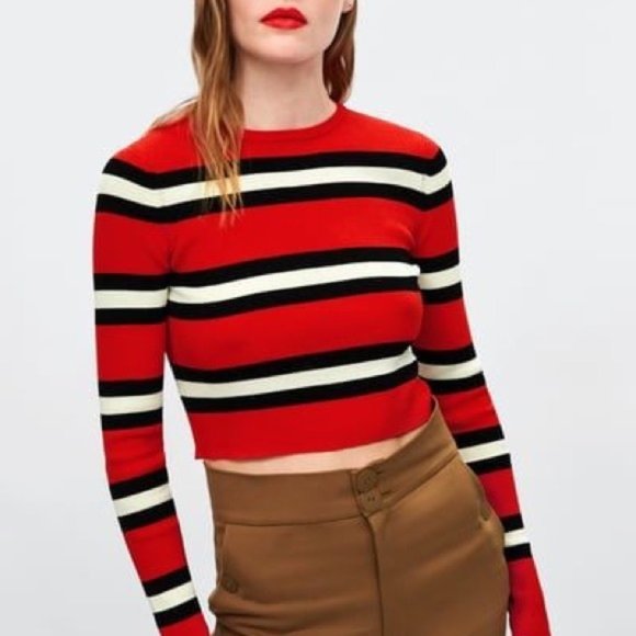 Zara Tops - New Zara Red & Black Striped Knit Long Sleeve